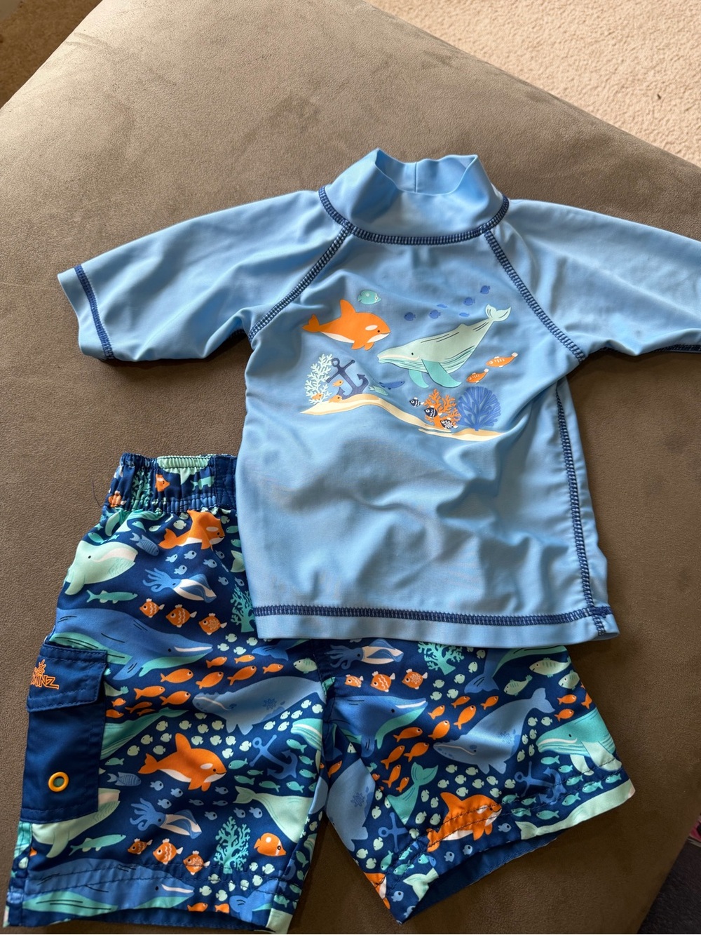 Light Blue & Navy Kids Ocean Fish Rash Guard Set